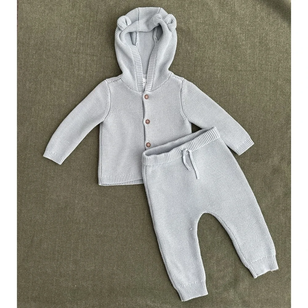 carter's Blue Knit Hooded Bear Sweater & Pants Set 18 Months 2pc Button